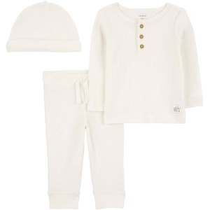 Conjunto longo bebê 2 peças e touca canelado branco |